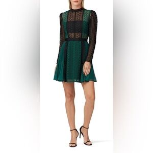 SELF-PORTRAIT Green Black Long Sleeve Lace Mini Dress Size 4
